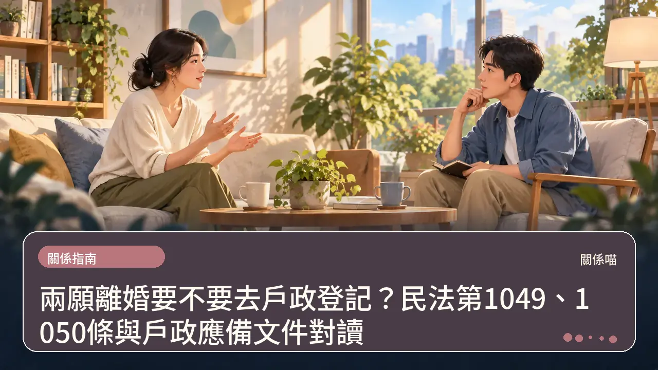 兩願離婚要不要去戶政登記?民法第1049、1050條與戶政應備文件對讀主題插畫